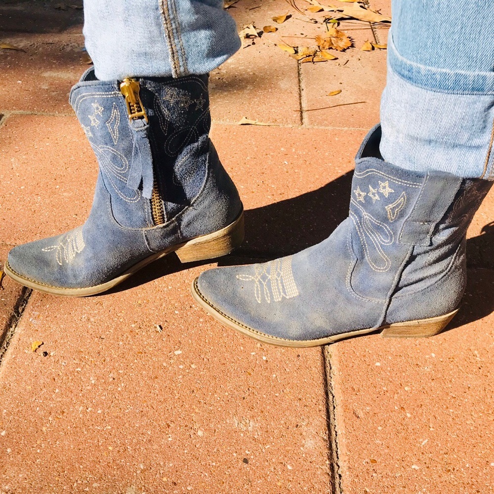 Dusty Blue Suede 1” Heel Pointed Toe Ankle Boots